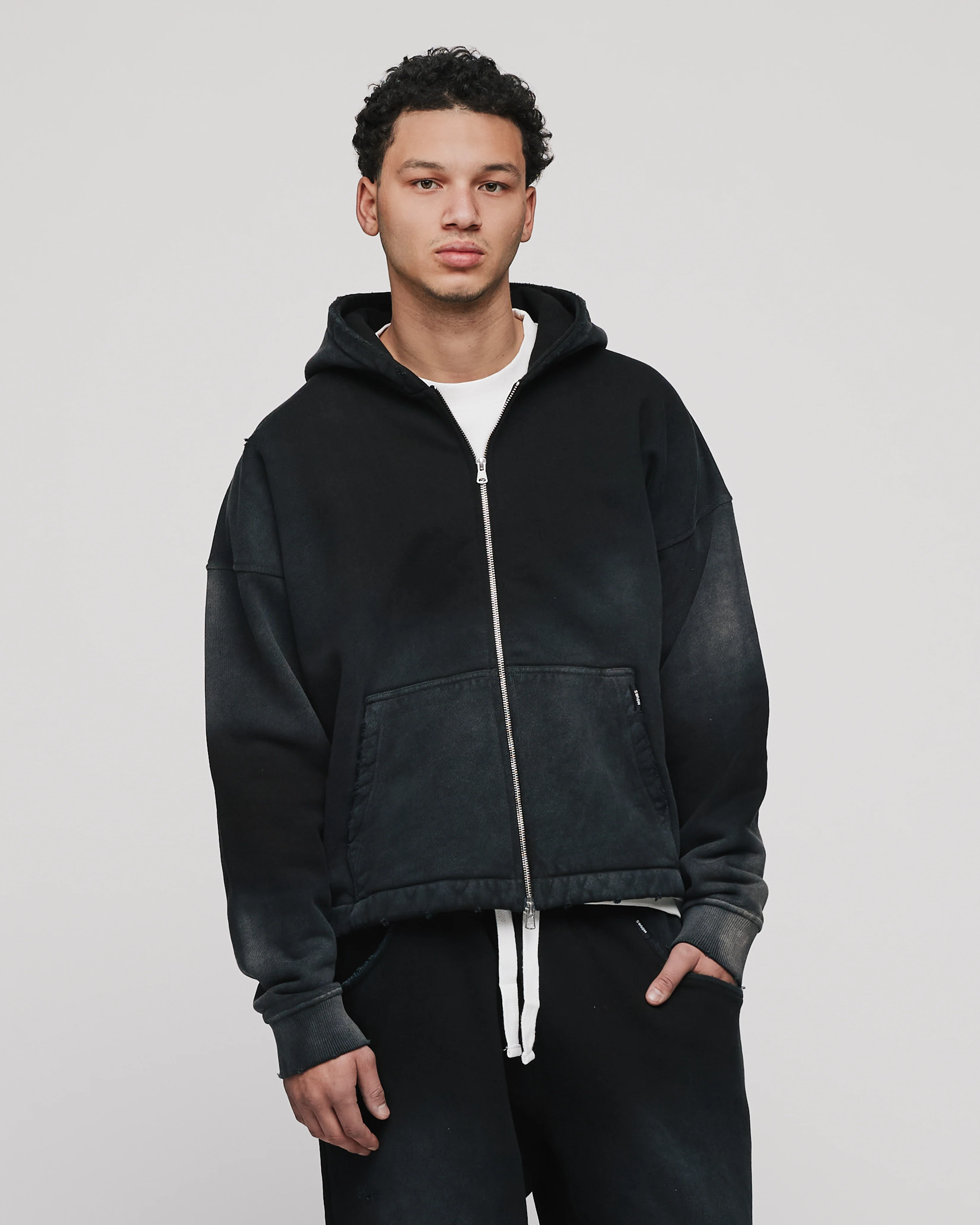 Cropped Zip Hoodie - Sunfaded Black - Image 3