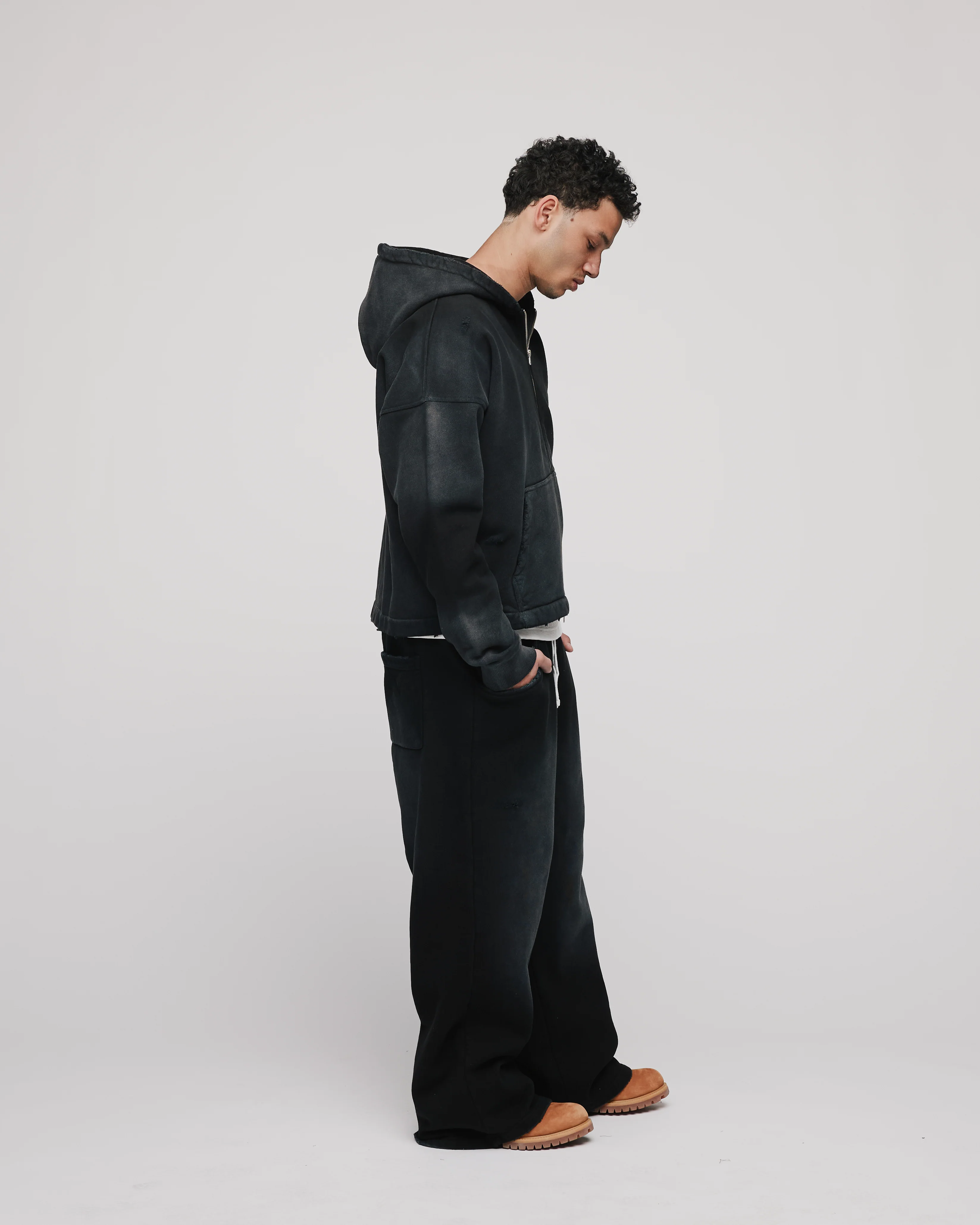 Cropped Zip Hoodie - Sunfaded Black - Image 5