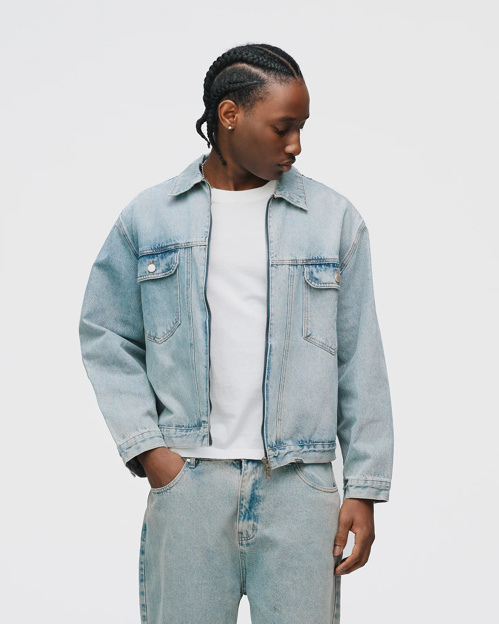 Denim Zip Jacket - Washed Blue - Image 3