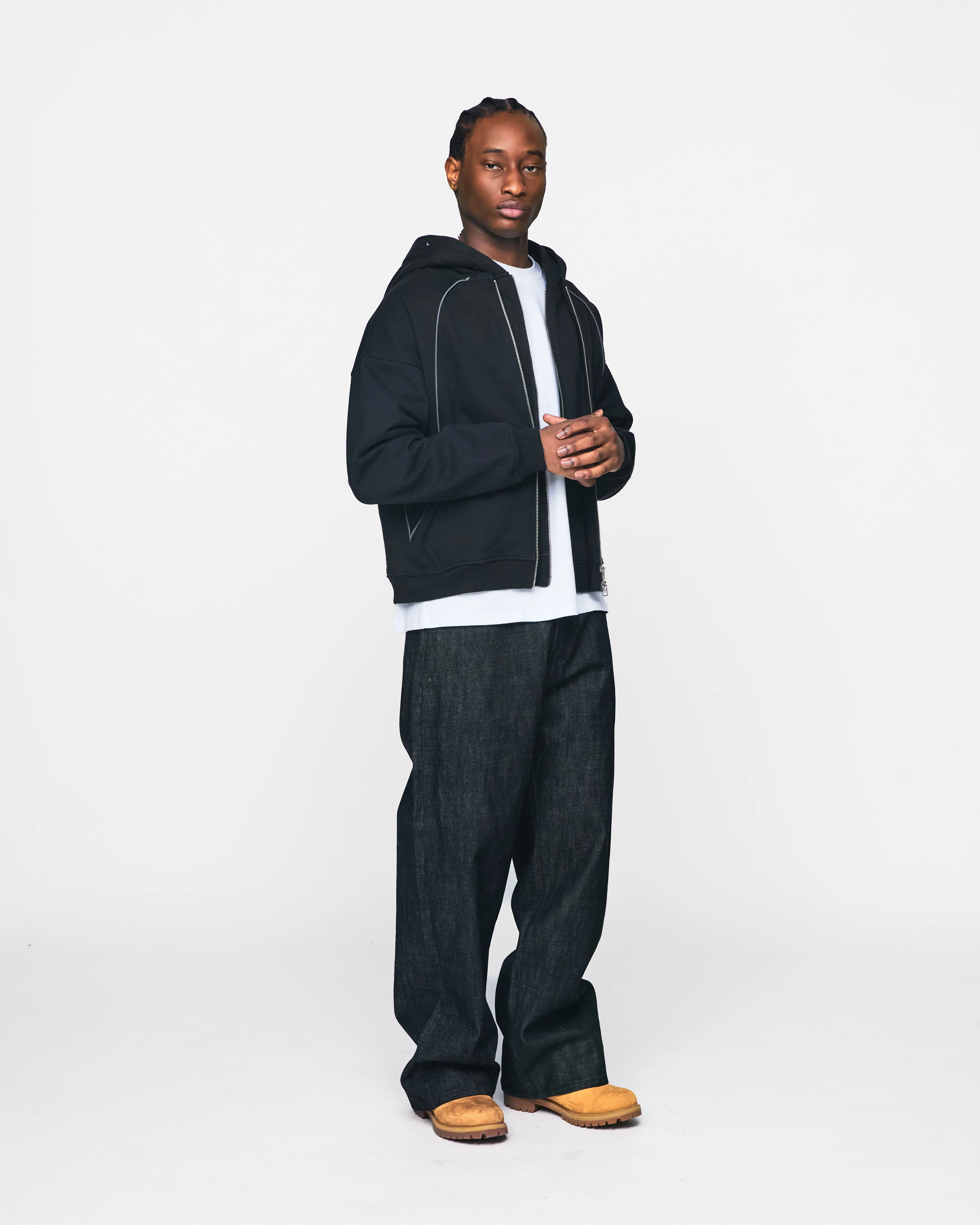 Double Layer Zip Hoodie - Black - Image 4