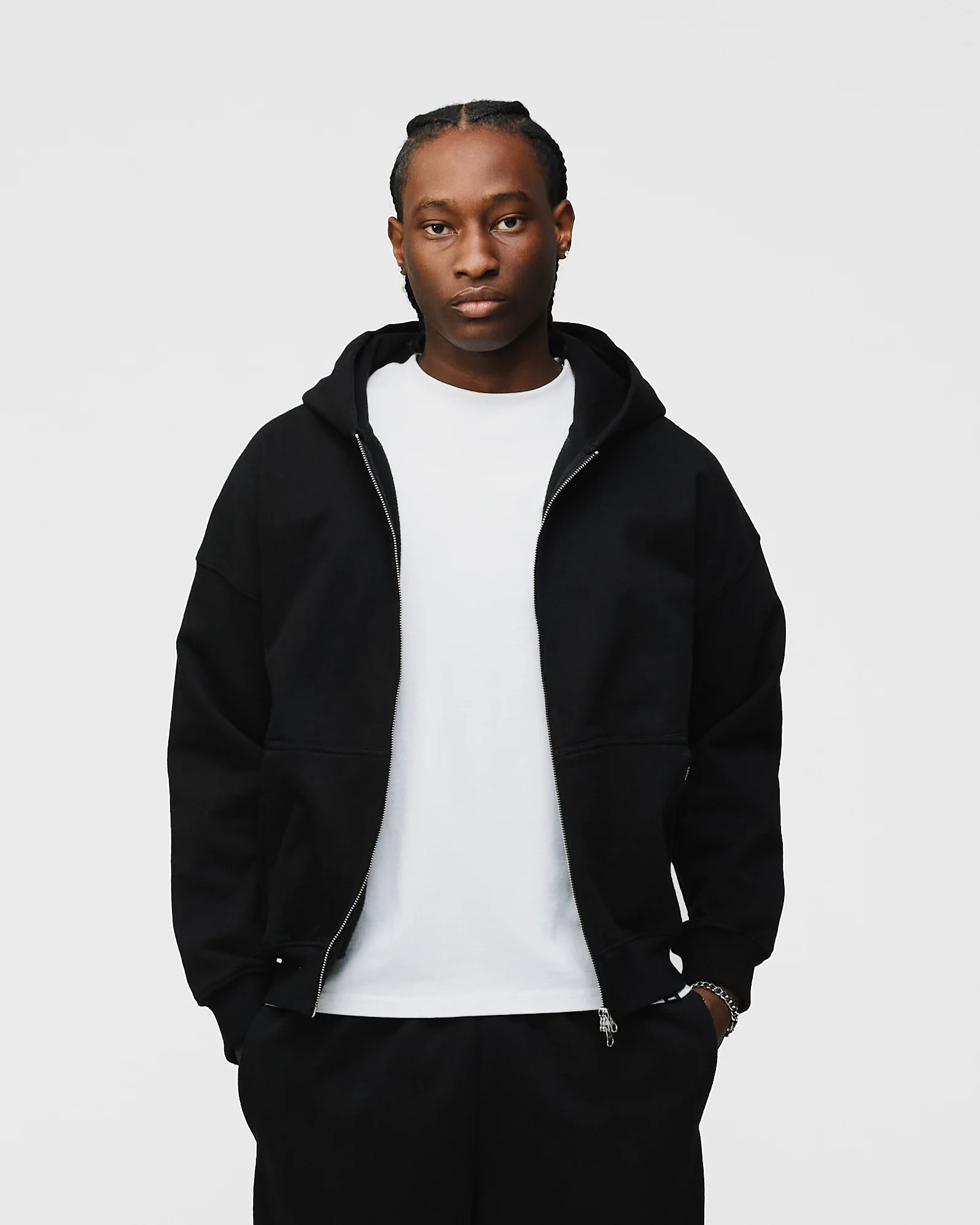 Drop Shoulder Zip Hoodie - Black - Image 3