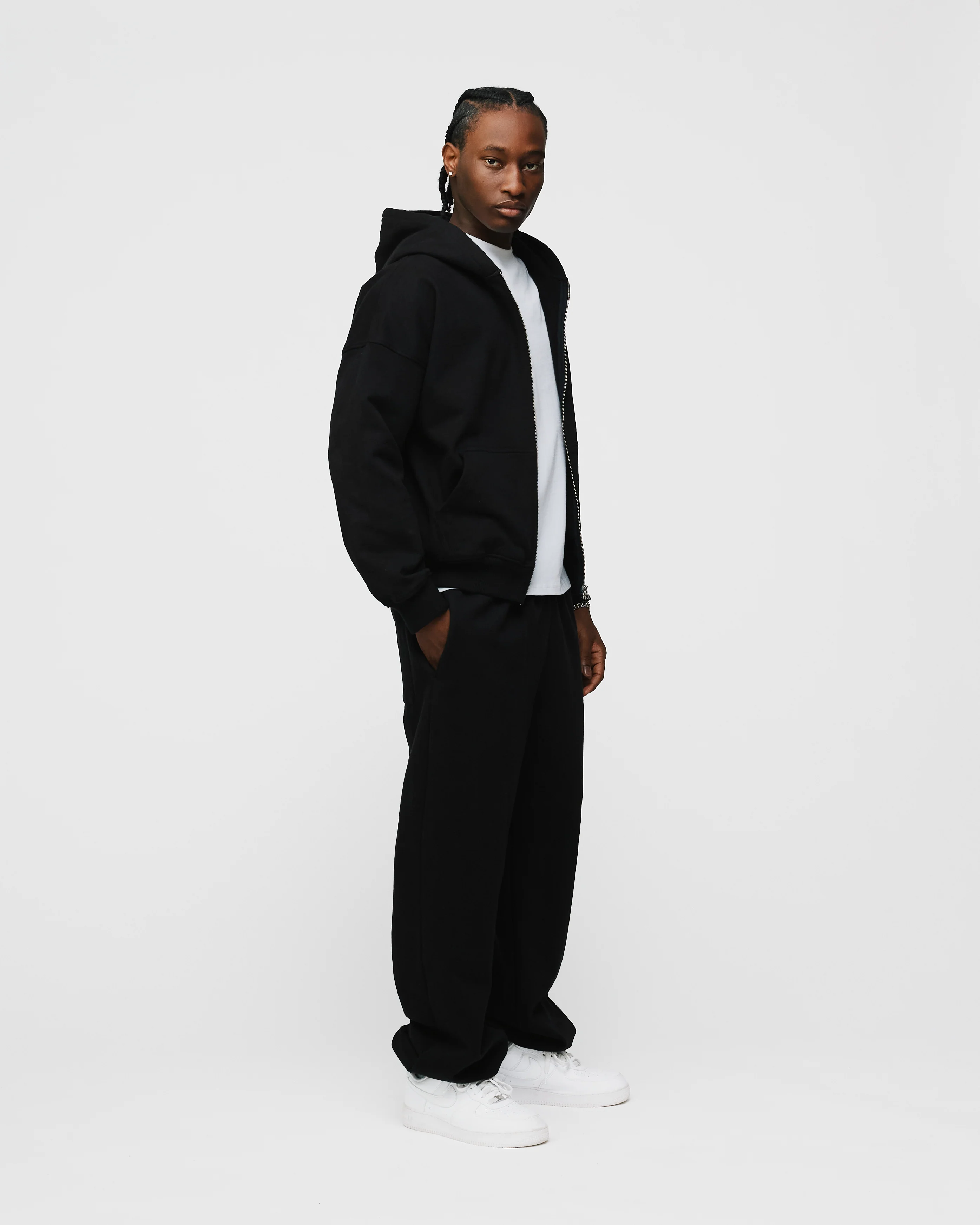 Drop Shoulder Zip Hoodie - Black - Image 5
