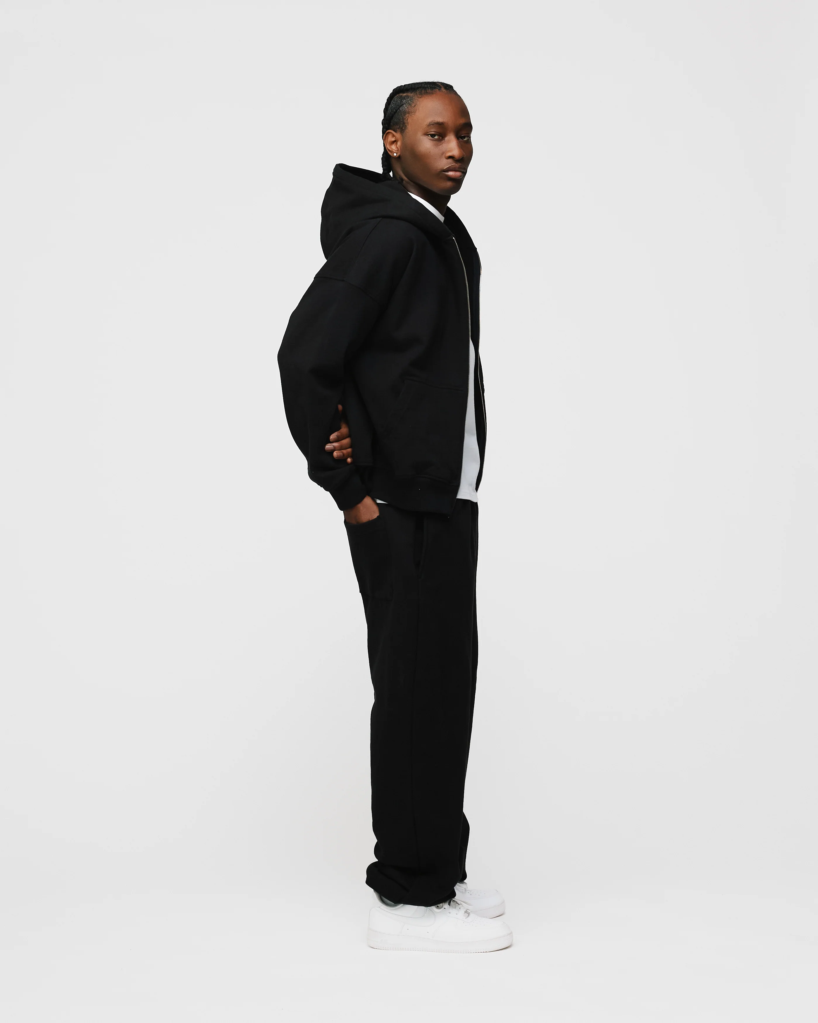 Drop Shoulder Zip Hoodie - Black - Image 6