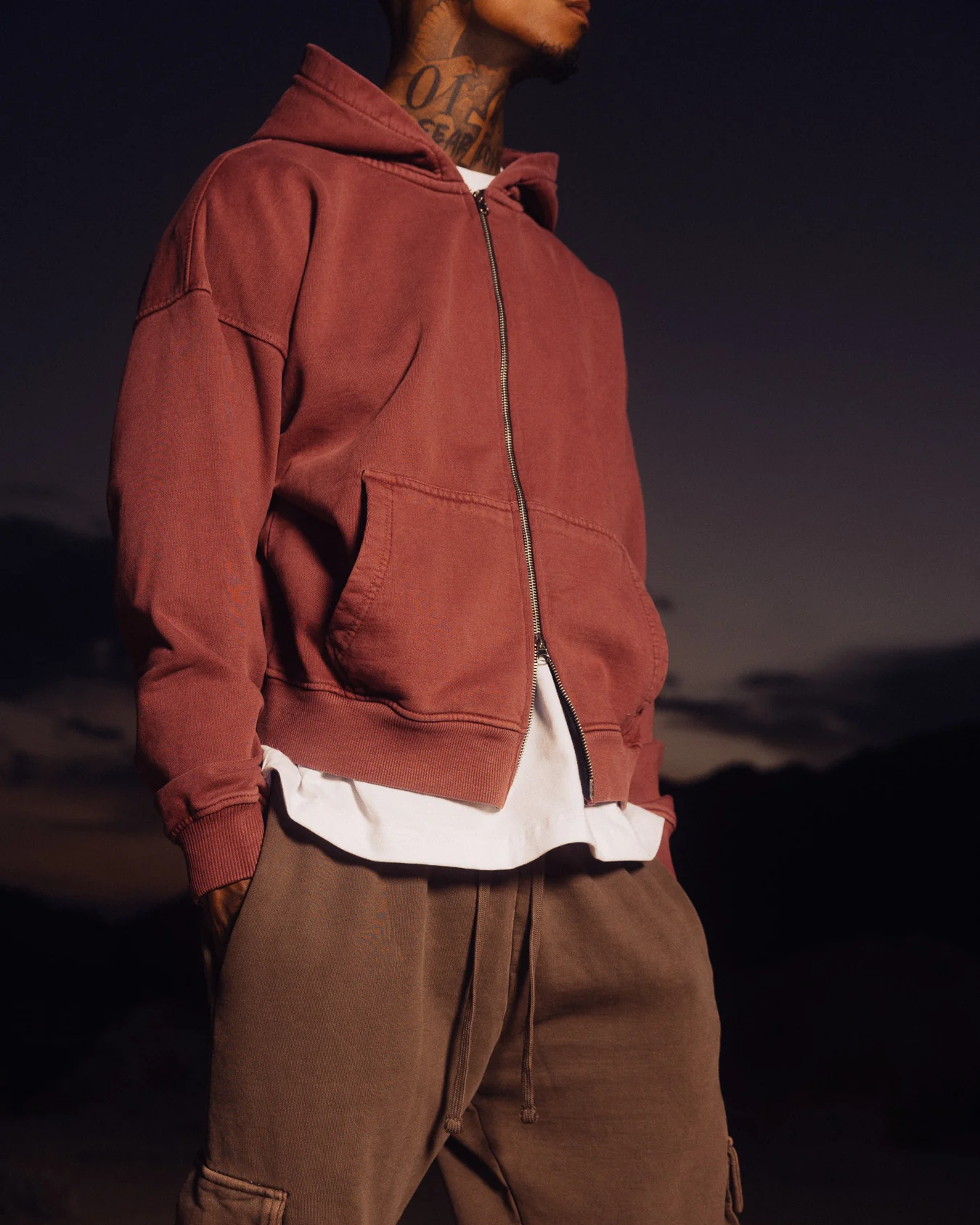 Drop Shoulder Zip Hoodie - Vintage Burgundy - Image 4