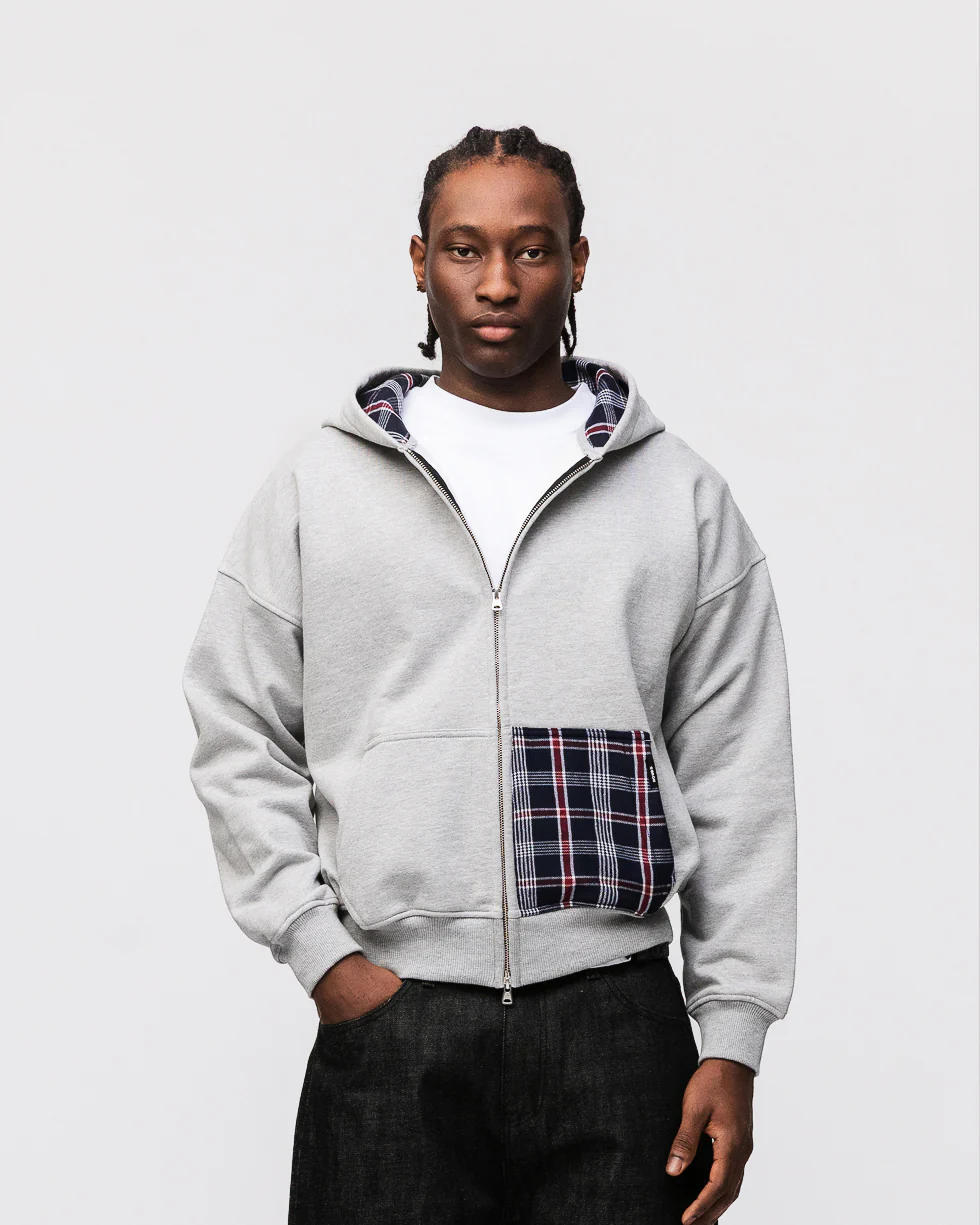 Flannel Zip Hoodie - Grey - Image 3