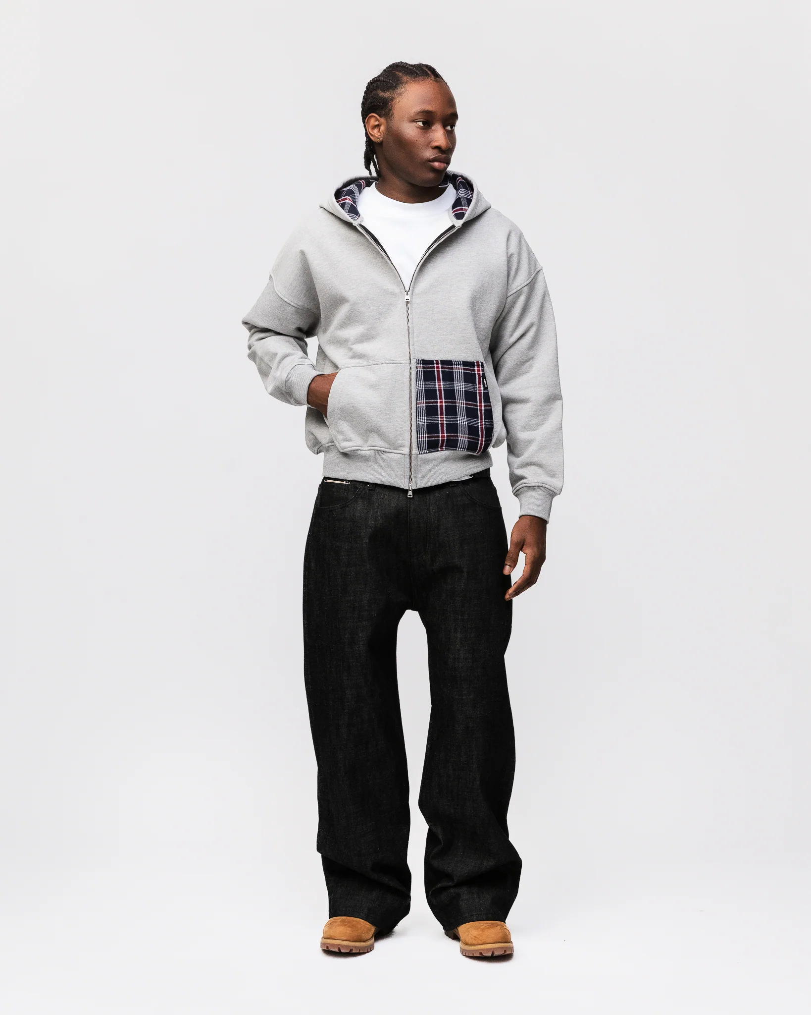 Flannel Zip Hoodie - Grey - Image 4
