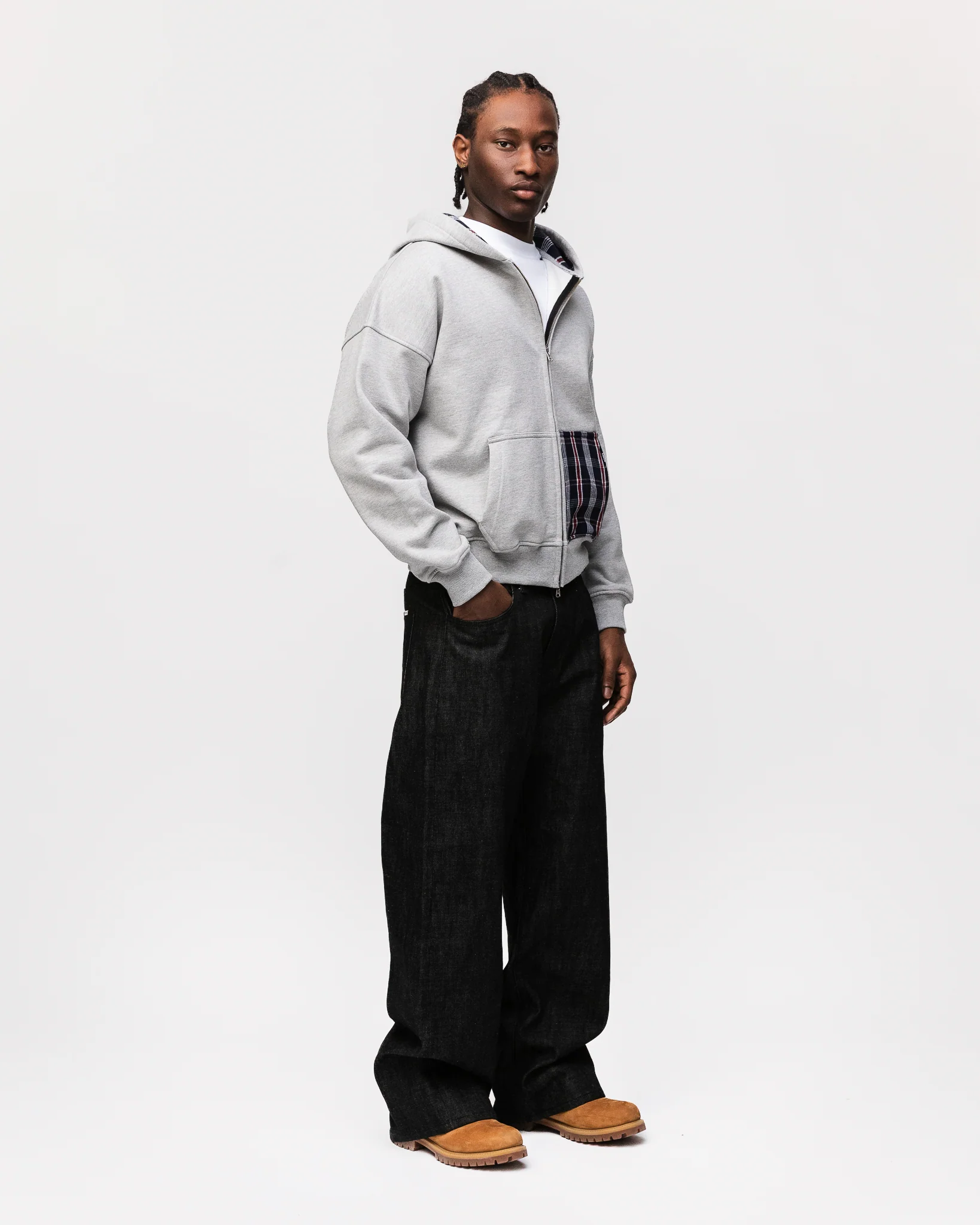 Flannel Zip Hoodie - Grey - Image 5